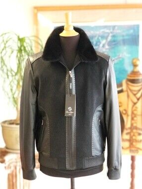 Black Leather & Wool Bomber Jacket with Detachable Mink Fur Collar